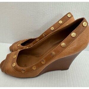 Tory Burch Wedge Heel Leather Medalian sz 9 Slip On Nelson heel sandal Peep toe